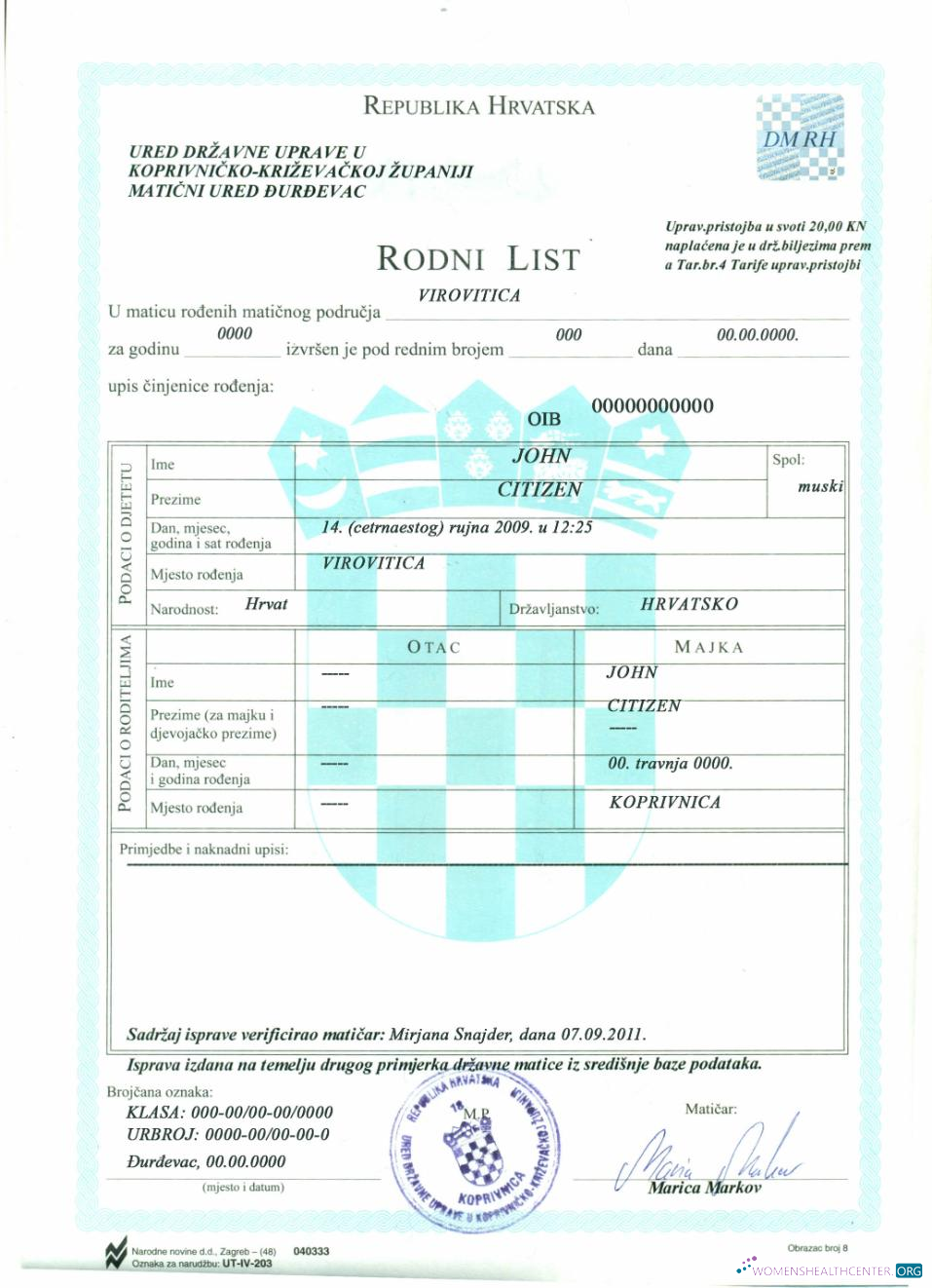 Download Croatia birth certificate Photoshop template